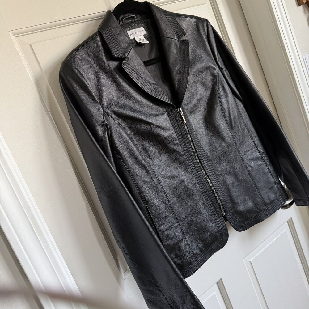 Kim Rogers Jacket Black Leather Collared Zip Pockets Lined Size M women’s cool